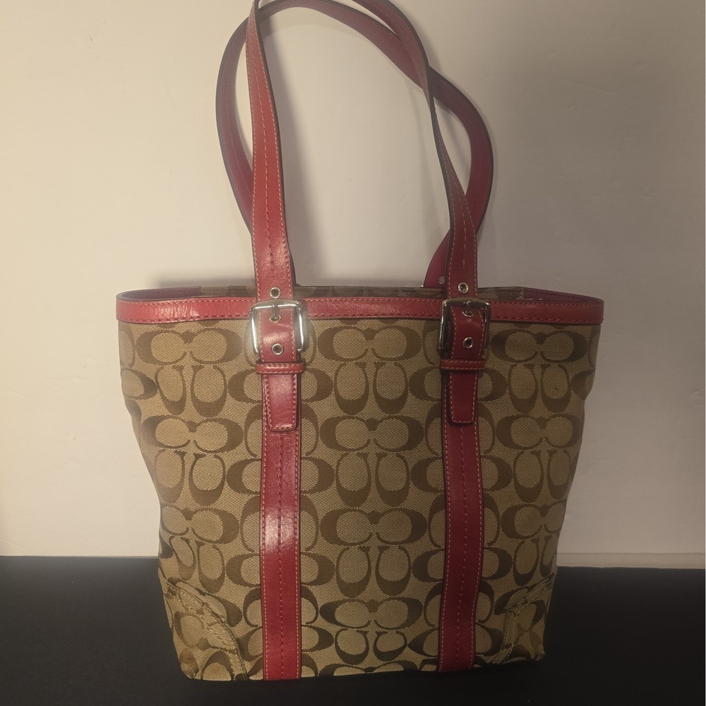 Coach Signature Lunch Tote Bag Berry Pink Leather Trim Beige Canvas F12645 Y2K